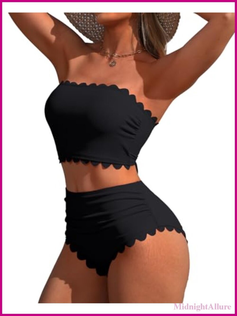 Strapless High Waisted Bikini Set Tummy Control Scallop Ribbed Bandeau Lace Up